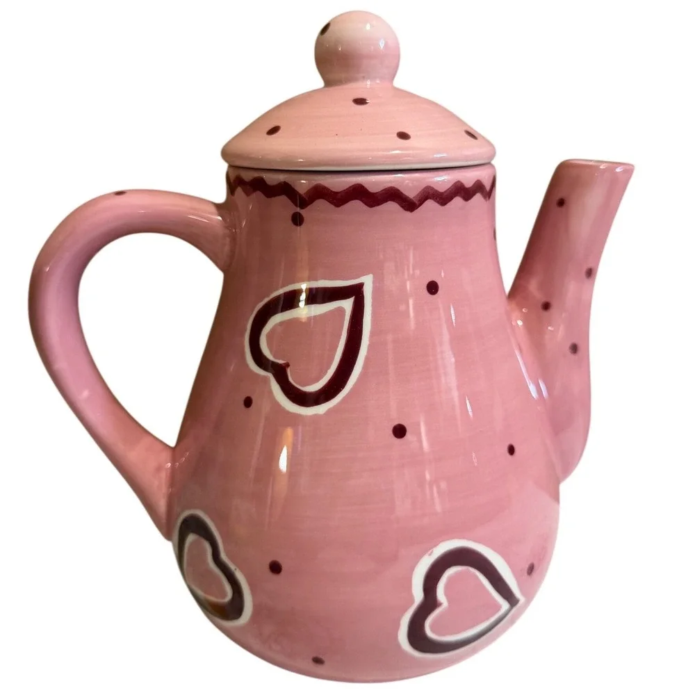 Laurie Gates Pink Heart Polka Dot Ceramic Teapot with Lid Hand Painted